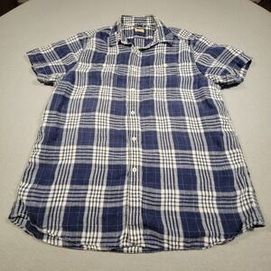 Men's Tre Vero Linen Shirt Blue White Plaid Button Down Short‎ Sleeve Size XL